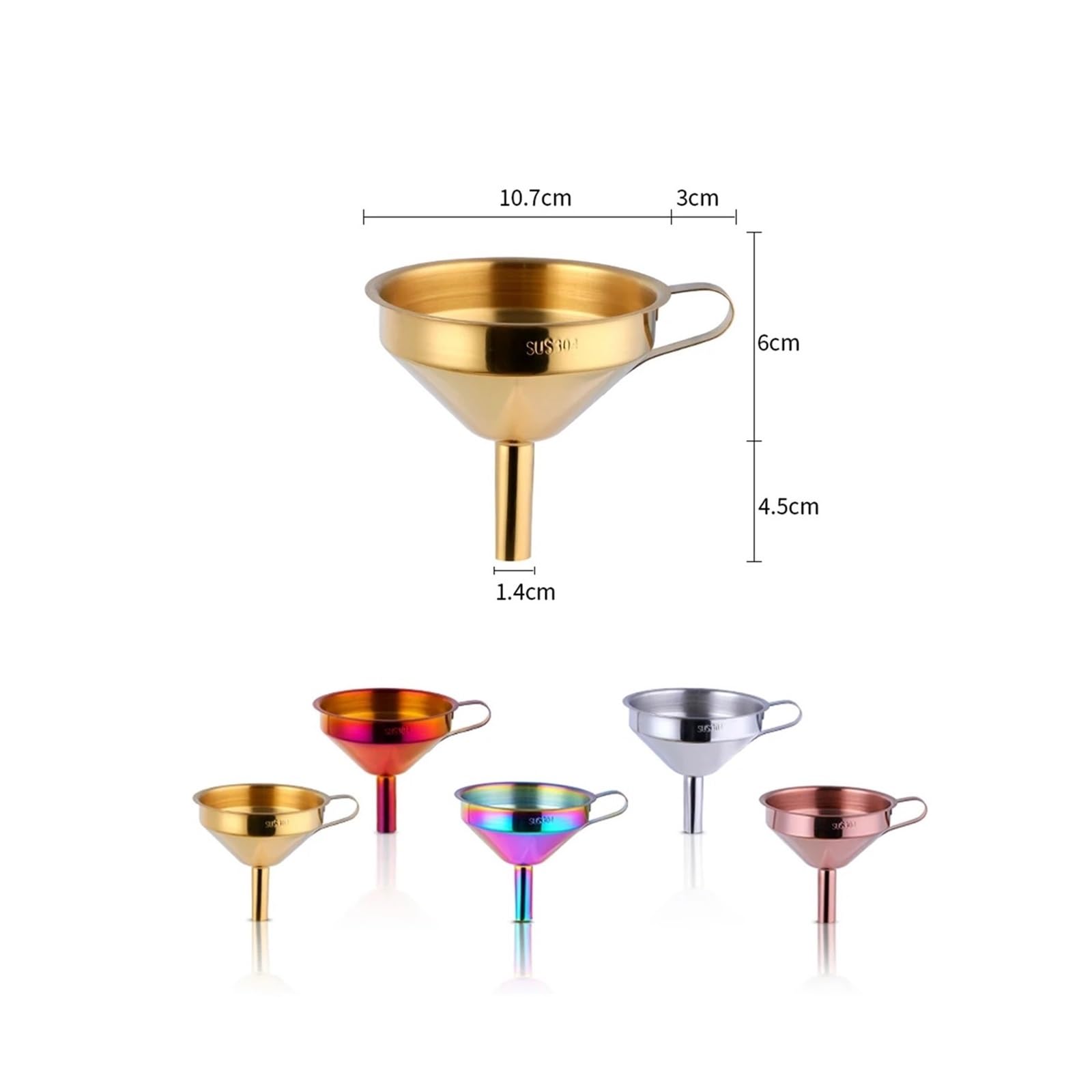 Embudos Embudo de Acero Inoxidable 304 for Aceite de Cocina con Filtro Desmontable for llenar Botellas y enlatar, Embudo de Metal Dorado.(Rainbow No.0)