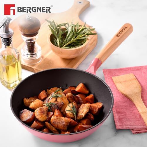Image of BERGNER Excalibur Lightweight Cast Iron Wok 24cm (2L), Sturdy Wooden Handle, Non-Stick Coating, PFAS Free, Perfect Heat Distribution, Elegant Design - Induction and Gas Stove Ready (Pink)