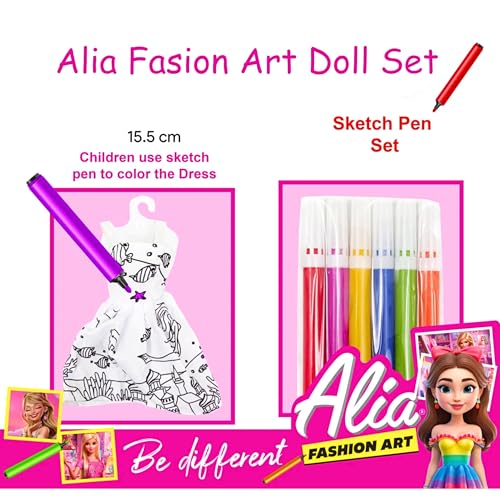 Image of Tickles Movable DIY Fashion Art Doll with Coloring Dress & 6 Markers | Creative Art Toy Birthday Gift for Kids Girls (Ages: 3+ Years, Size: 30 cm)