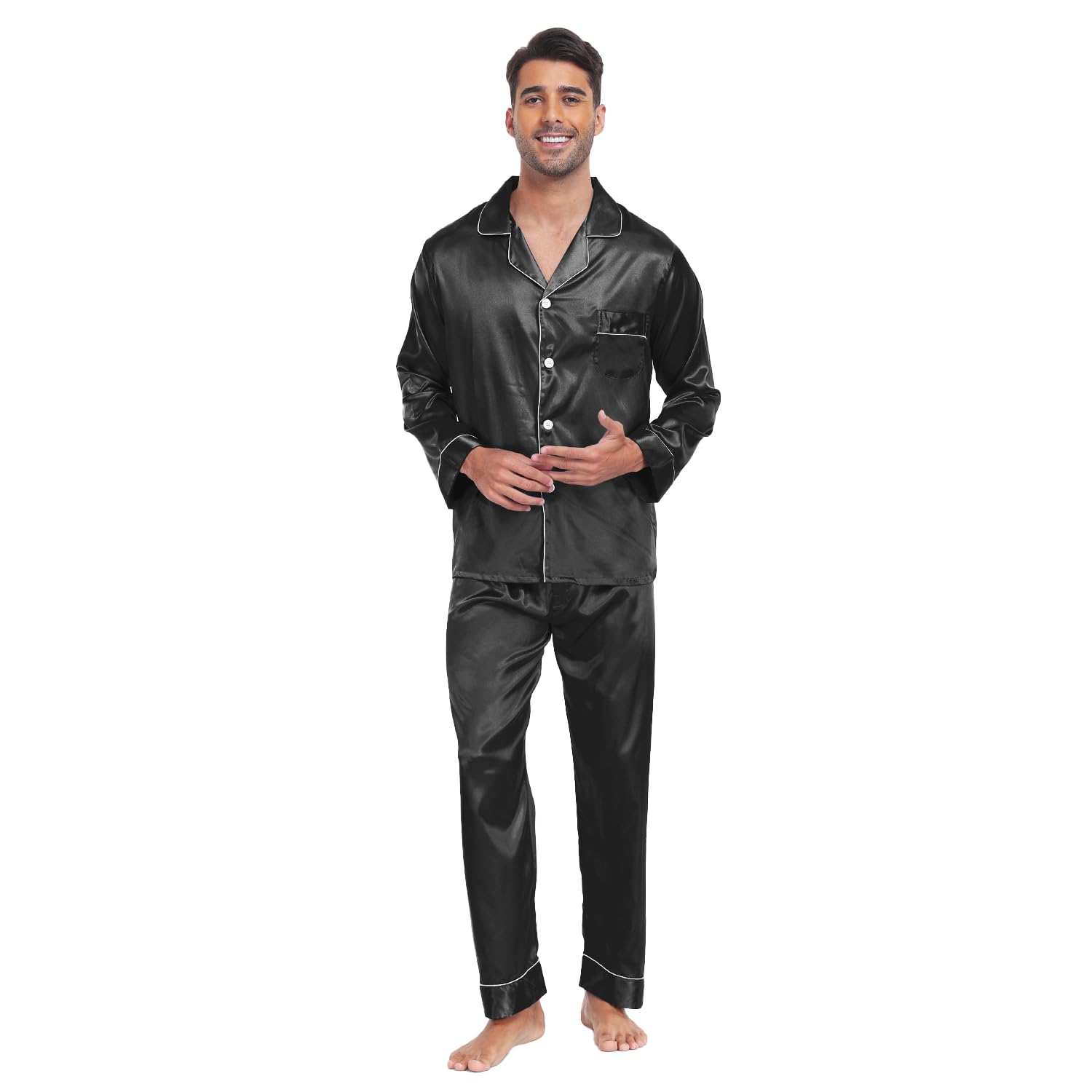 Atxnn Pyjama voor heren, winter, nachtkleding, pyjamaset, 2-delig, lange mouwen, lange broek, Zwart, M