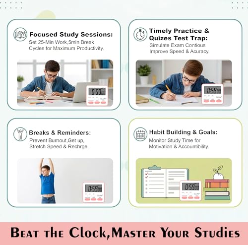 Image of GLUN Digital Multi-Function Timer Clock | Magnetic Back, Loud Alarm, Large LCD Display | Countdown, Stopwatch, Stand & Hanging Hole for Kitchen & Study (Pink)