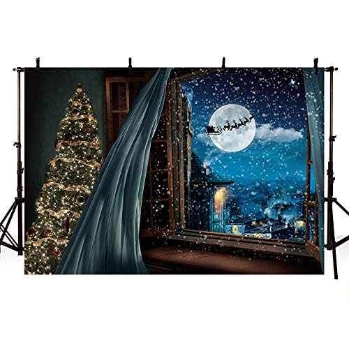 Sfondo per la vigilia di Natale inverno fiocco di neve finestra luna cervo albero di tenda per feste in famiglia sfondo fotografico decorazione per studio 2.1 x