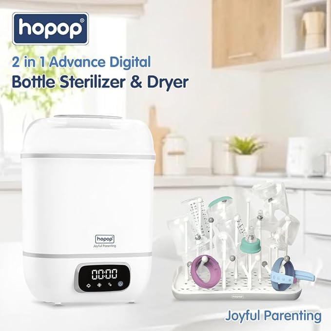 Image of Hopop 2-in-1 Steribub Steam Sterilizer, Dryer and Milk Warmer with Bottle Tong | BPA Free with HEPA Filter & LED Panel | Sterilize upto 8 Bottles & Disinfect Toys, Accessories in 6 Minutes | Auto Shut Off | 1 Year Warranty