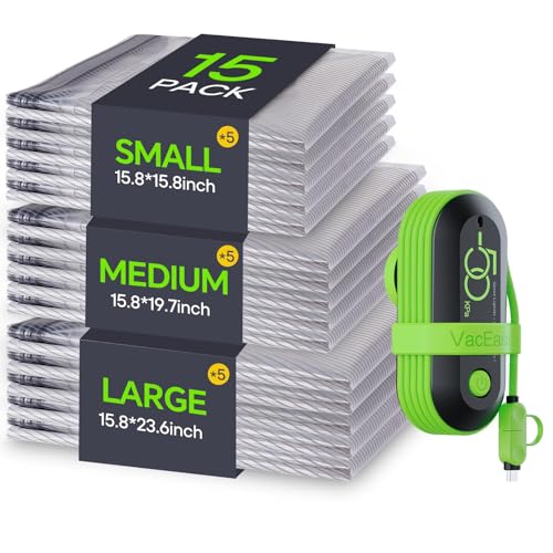 Vacuum Bags for Travel with USB Electric Pump, 15 Pack Carry-on Size Compression Packing for Luggage and Suitcase, Space Saver Bags for Clothes and Clothing Travel 15 bags + USB pump