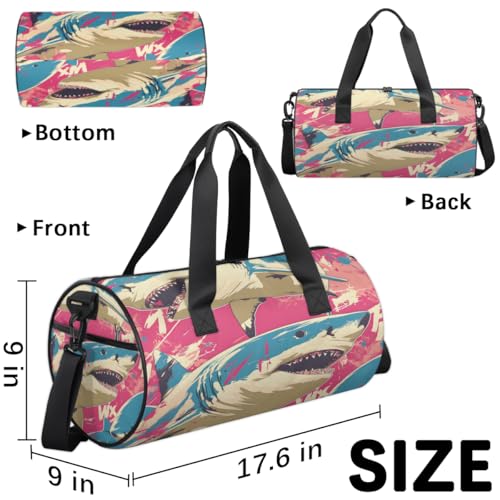 Sharks Round Barrel Sports Fitness Bag, Rose Red Travel Luggage Bag, Reusable Handbag, Suitable For Men and Women3