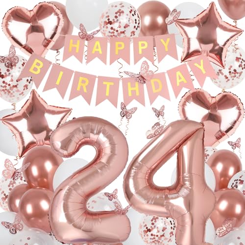 Image of Rose Gold 24th Birthday Decorations for Women, 24 Year Old Sign with Happy Birthday Banner, 40In Number 24 Foil Birthday Balloons, Butterfly Decorations, Heart and Star Balloons