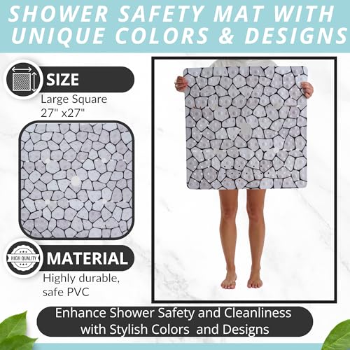 Image of ENKOSI Square Shower Mat 27x27 inch - Anti Slip Shower Stall Floor Mat - Non Slip Shower Mats with Strong Secure Suction Cups and Drain Holes in Middle (27x27 Pebble)