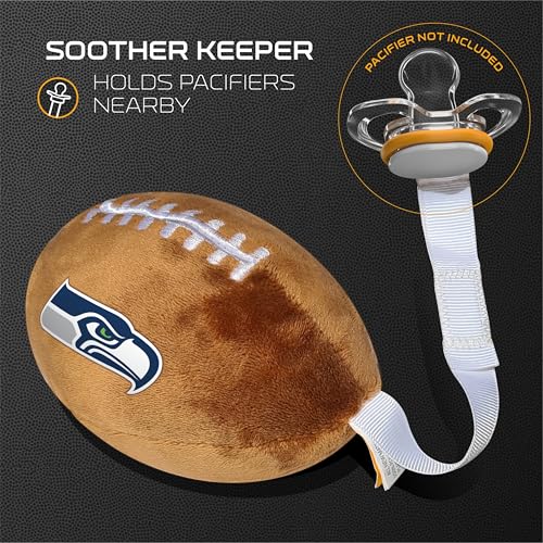 Image of Seattle Seahawks Plush Football Pacifier Holder by Smilo - Officially Licensed NFL Soother Holder - Soft Plush Toy and Dummy Holder - Fits Any Pacifier - Stroller Accessory & Newborn Essential