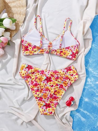 Girl's 2 Piece Bikini Set Floral Swimsuit Ruched Triangle Bikini High Waisted Bathing Suit Beachwear2