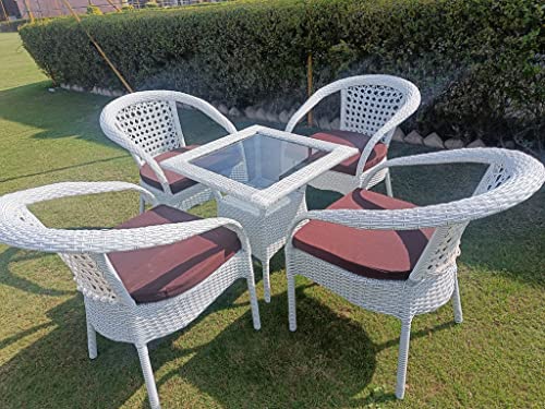 Image of Anaya Decor D-8 Chairs Table Set 4+1 Wicker Patio Furniture Sets 4 Chair and 1 Table with Cushions for Garden Balcony Bedroom Powder Coated Frame Uv Protected Wicker (Off White+Brown)