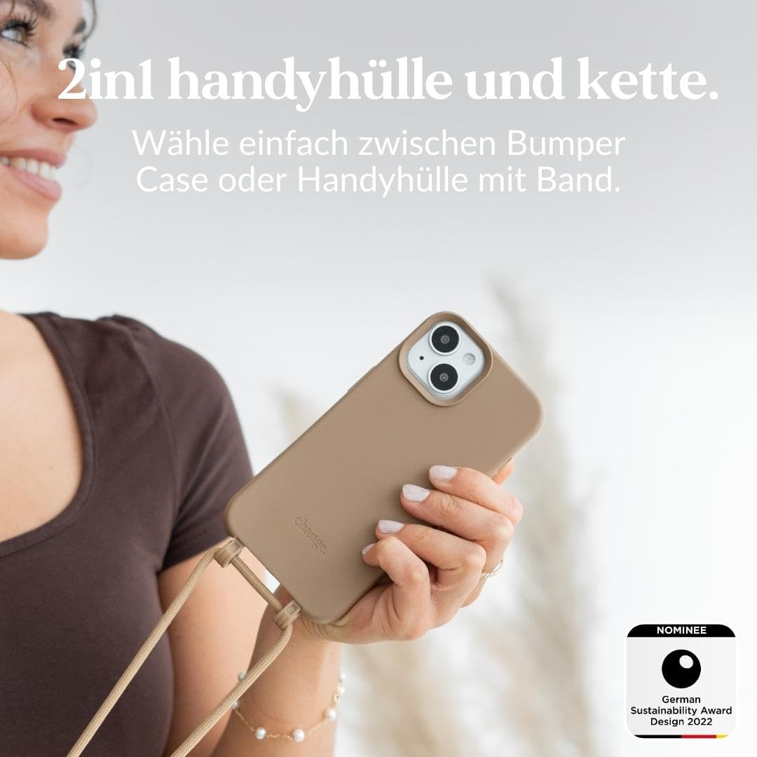 Woodcessories - Change Case, Nachhaltige Handykette abnehmbar kompatibel mit iPhone 15 Hülle mit Band Taupe - biologisch abbaubar