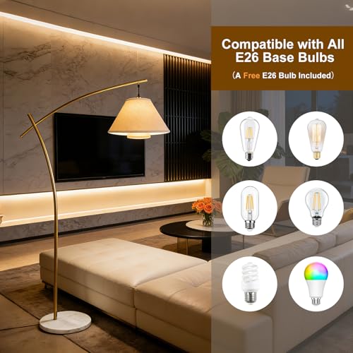 Image of Lightdot Arc Floor Lamp for Living Room, Modern Standing Tall Lamps with Double Linen Lampshade, Tall Hanging Pole Lamp with Bulb Included for Bedroom Sofa Beside /Corner Decor - Gold