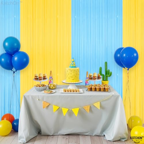 Image of Katchon, Light Blue and Yellow Fringe Backdrop - Feet, Pack of 2 | Blue and Yellow Birthday Decorations, Easter Backdrop Curtain | Sponge Party Decorations, Baby Shower Decorations for Home