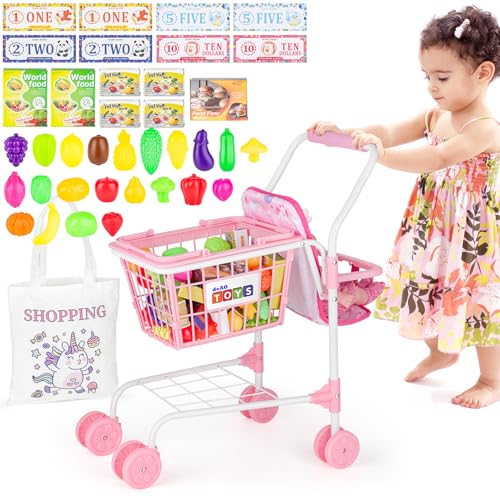 deAO Carro de Compras para Niños Juguete, 47 Piezas Comida Juguete Carro de Supermercado Infantil, Juegos de rol Cocina Accesorios, Regalos educativos para niños Mayores de 3 años, 55x30x51CM, Rosa