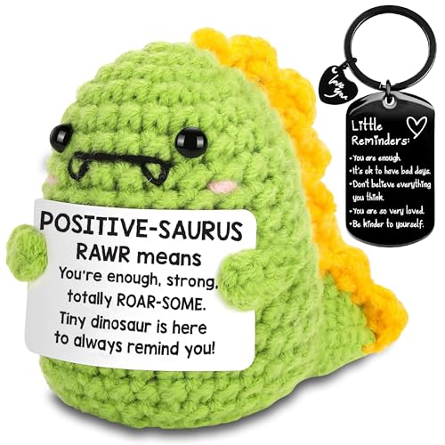 Image of Birthday Gift for Friend Women Dinosaurs Emotional Support Crochet Dino with Motivational Keychain - Positive Crochet Animals & Emotional Support - Cute Crochet Animals, Mini Dinosaur Figures