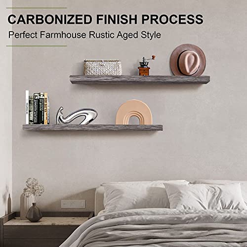 Image of Hamdan Collection Floating Shelves, 24 Inch Wall Shelf Set of 2, Rustic Wood Shelves for Wall Storage, Wall Mounted Wooden Display Shelf for Bathroom Bedroom-Grey