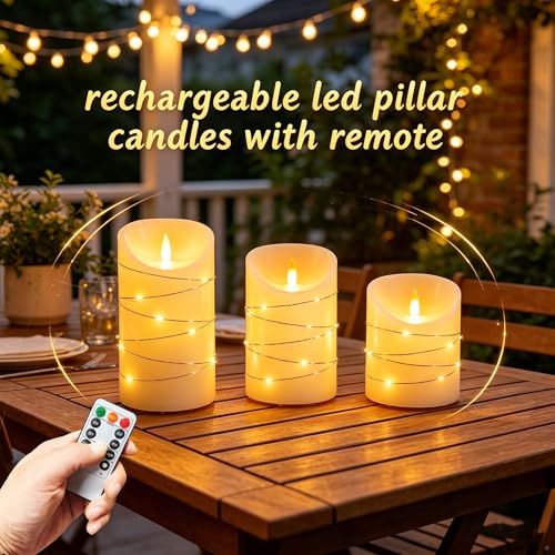Image of Rechargeable LED Candles, Real Wax, 4 5 6 in, Ivory, 3 Pack | USB rechargeable real wax candles with remote, timer and star lights
