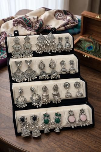 Image of 12 Pair Fashion Earrings Set with Organizer Box | Mixed Stud & Jhumki Combo for Women & Girls | Ready to Gift Pack Black Velvet Display Box for Women & Girls