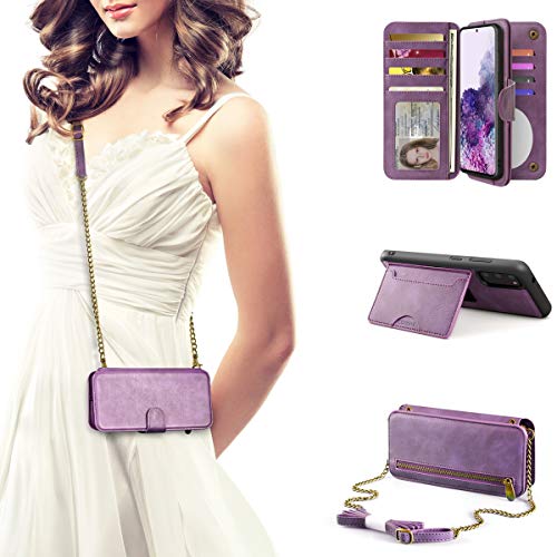 PAMANO Galaxy S20 Wallet Case, Mirror 13 Card Holders Crossbody Wrist Strap Kickstand Detachable Purse Leather Folio Zipper Pocket Flip Protective Cover for Samsung S20 - Purple