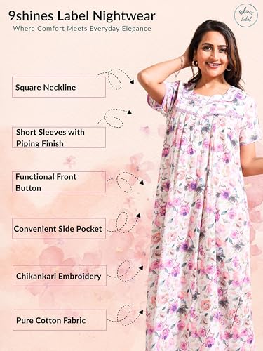 Image of 9shines Label Stylish Chikankari Cotton Nighty Maxi for Women | Full Length Nightgown | Nightdress with Pocket | Embroidery Nighty | Soft Comfortable Cotton Nightwear (1545)
