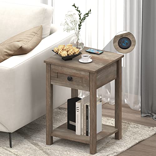 Image of Saedew Nightstand with Wireless Charging Station, Nightstands End Table with Drawers with USB Ports Bedside Tables for Bedroom Living Room Home Office, Grey