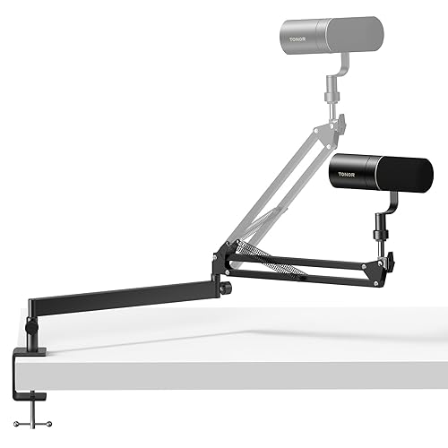 TONOR Micrófono Boom Arm, Brazo Mic de Bajo Perfil, Soporte Microfono Mesa para Podcast/Streaming/Estudio Grabación, Totalmente Ajustable 360 ° Giratorio 90 ° Plegable, Studio Accesorios, Negro T20LP - Negro - resorte visible