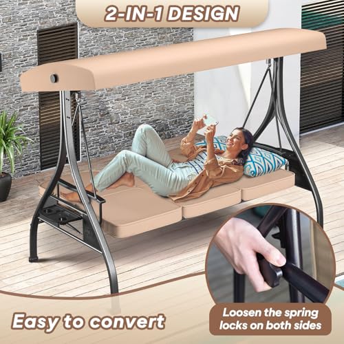 Image of ZZW 3 Seat Outdoor Porch Patio Swing with Stand 800lbs 2-in-1 Convertible Swing Bed with Adjustable Canopy & Removable Cushion for Yard Garden Deck (Khaki, Square Tube)