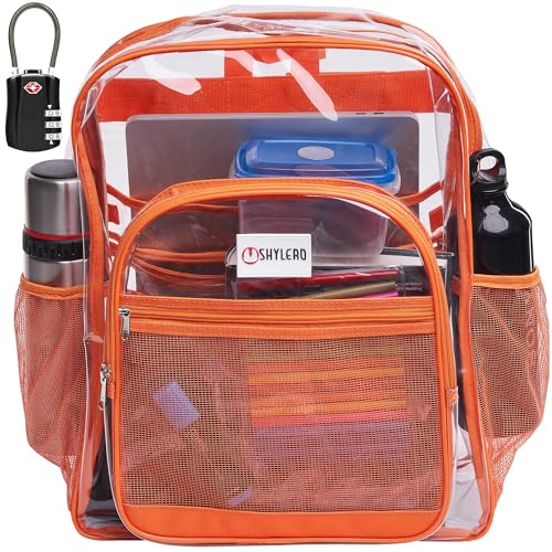 Image of SHYLERO Clear Backpack Heavy Duty has TSA Lock, 2-WAY Zipper. PVC Transparent Backpack Is Extra Large - H18''xW14''xD8 - Orange