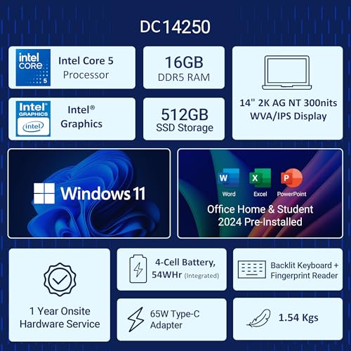 Image of Dell 14, Intel 14th Generation Intel Core 5, (16GB DDR5, 512GB) FHD+ 14 inch /35.56cm 300 Nits, Backlit Keyboard + FPR, Windows 11, Microsoft Office Home 2024, Platinum Silver, 1.54Kg Thin & Light Laptop