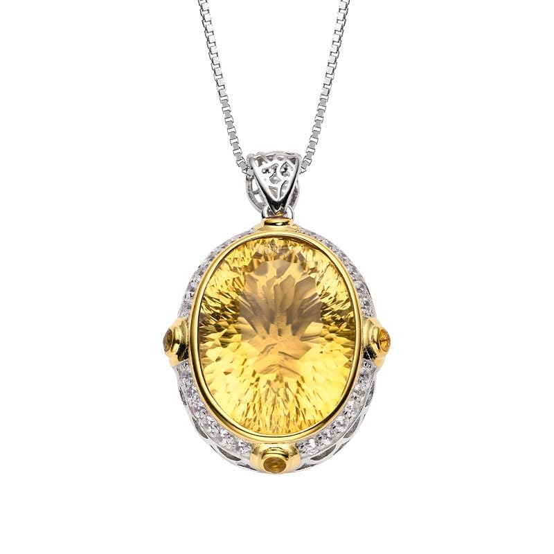 15 * 20mm Oval Amethyst or Citrine Pendant Necklace - Unique Avant-Garde Design, S925 Sterling Silver with 18K Gold Plated Amethyst Pendant, 17.7-19.68 inch Adjustable Delicate Collarbone Chain.
