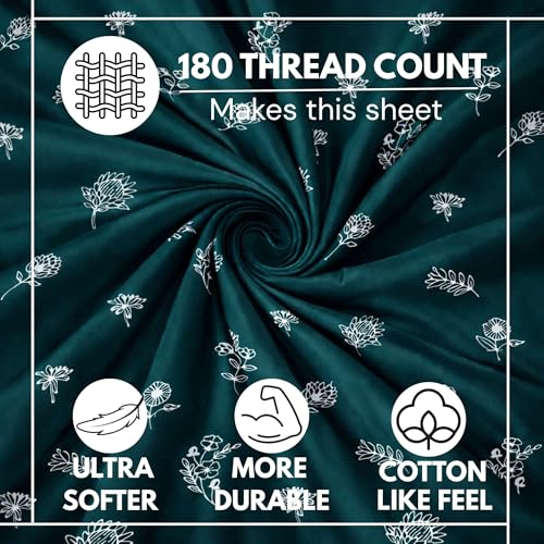 Image of Elastic Fitted King Size Bedsheet Cotton for Double Bed | 72 inchx78 inch +10 Inch, Floral, Soft & Breathable, Fade & Shrink Resistant, 2 Pillow Covers | Teal Meadow Whisper, Sea Teal