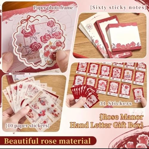 Image of Invite Enterprise 346PCS Vintage Scrapbook Kit Aesthetic Junk Journal Set with Stickers, Washi Tape & A6 Notebook with Decorative Paper Stationery (Romantic Manor Love-Red)