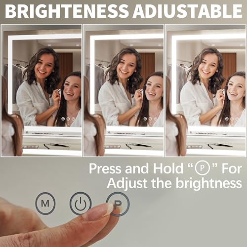 FENNIO 23" x 18" Vanity Mirror with Lights,LED Makeup Mirror,Hollywood Mirror with 3 Color Modes & Adjustable Brightness,Vanity Mirror Square White