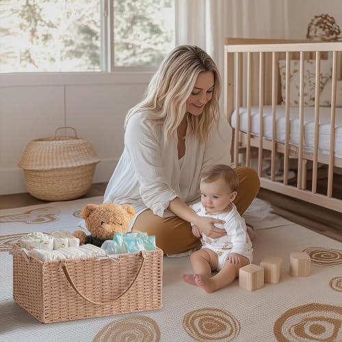 Image of HBlife Large Baby Diaper Caddy Organizer Pink, Paper Rope Storage Baskets Nursery Bin with Removable Divider, Portable Car Organizer for Diapers, Baby Shower Gifts, Newborn Essentials Must Haves