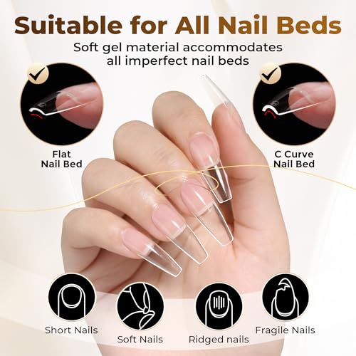 Image of UNA GELLA Long Coffin Nail Tips, 504pcs Pre-Shape Fake Nails Half Matte Full Cover Acrylic Gel Nail Tips Clear Long Coffin Press On Nails Home DIY Extension 12 Sizes Gelly Tips