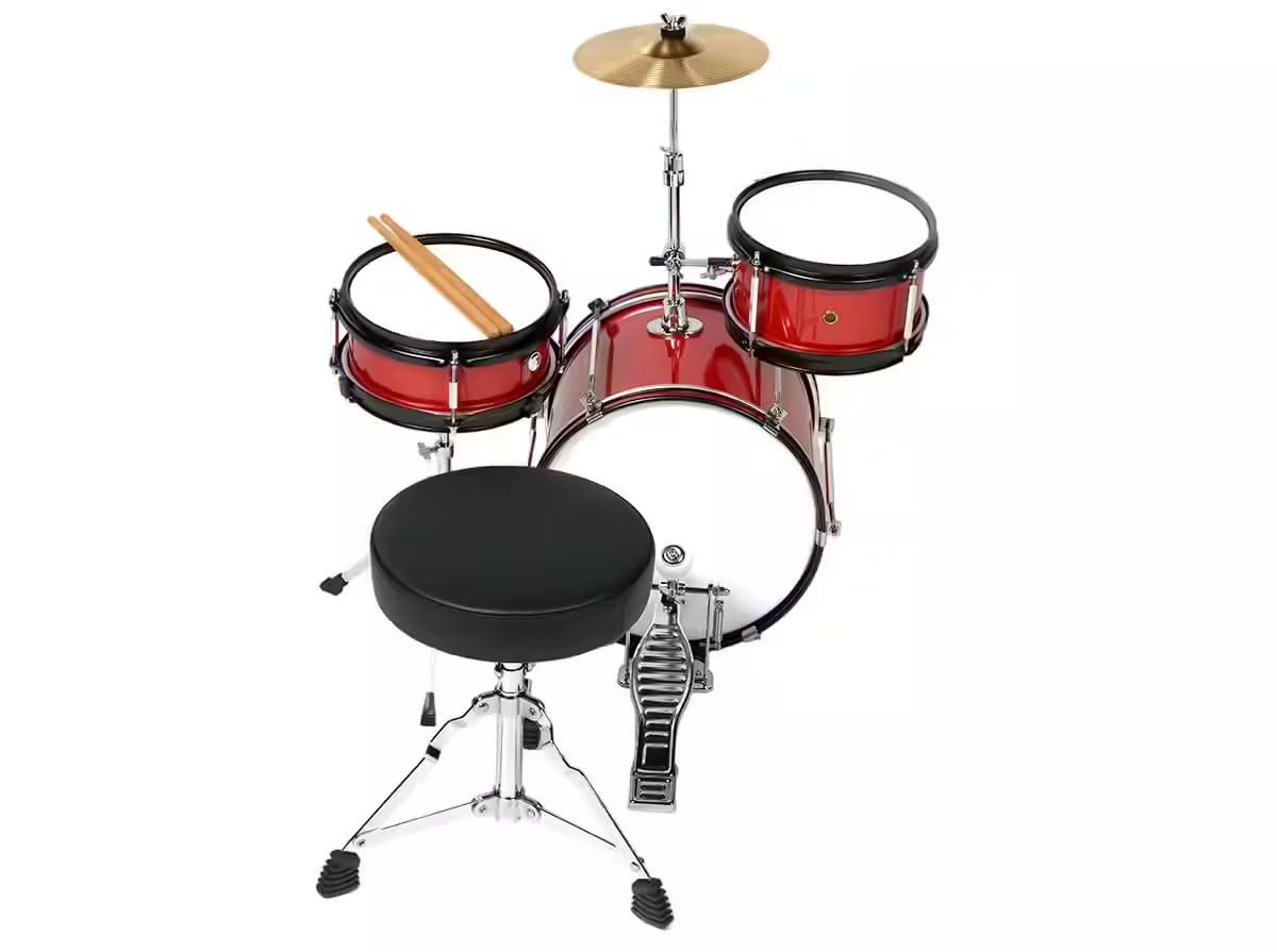 Woodbrass DSJ90R Batterie Enfant Complète Rouge 3+ Ans – Mini Kit Batterie Acoustique Junior avec Siège, Pédale, Cymbale 8", Tom et Caisse Claire - Batterie Enfant Débutant Rouge