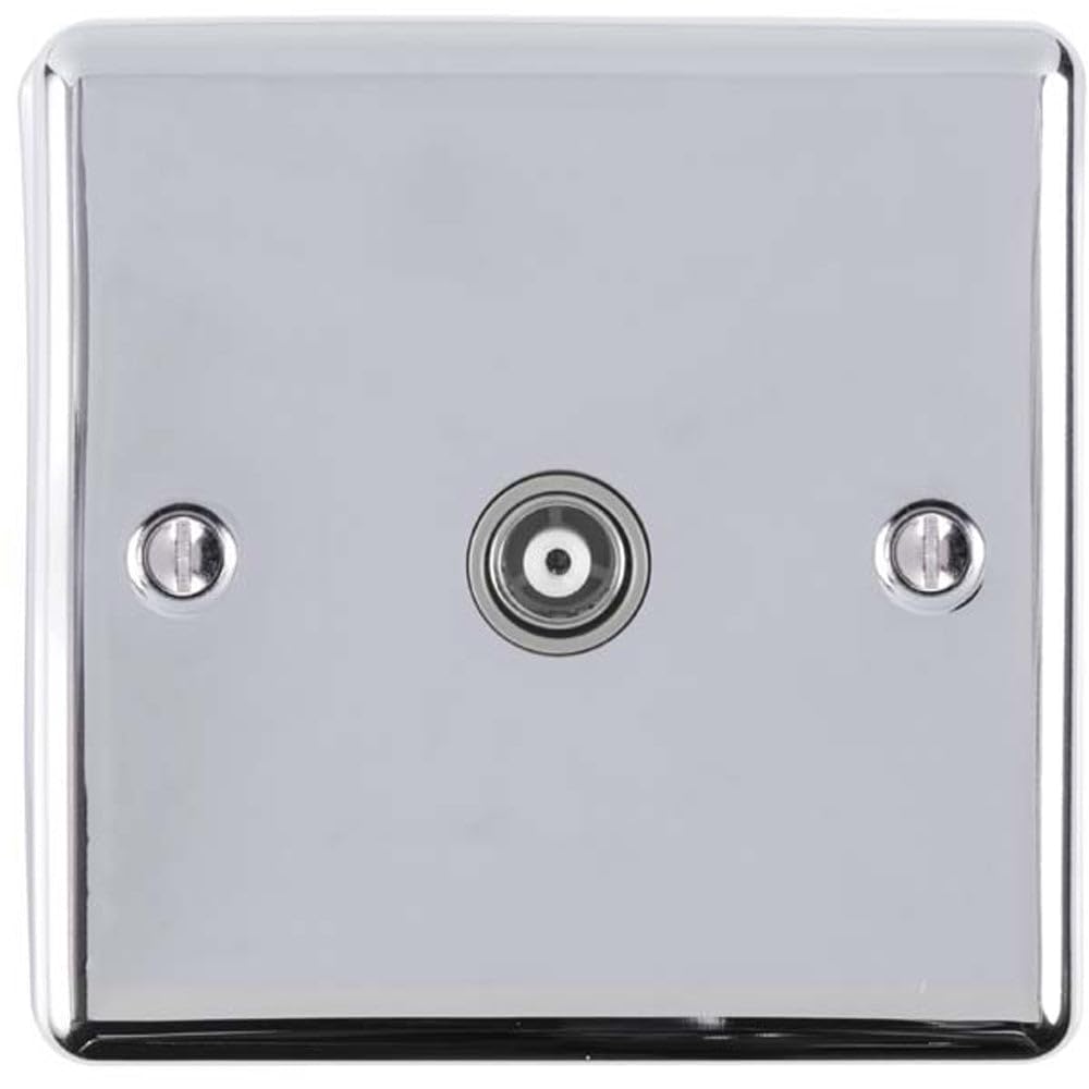 1 Gang Single TV Coaxial Aerial Socket - Chrome & Grey Female Wall Plate Outlet - Decorative Television Coax Face Plate