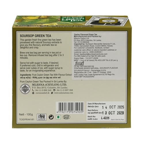 Image of Mlesna Soursop Green Tea 100g | 50 Foil-Wrapped Tea Bags | Pure Ceylon Green Tea | Rich in Antioxidant | Imported from Sri Lanka