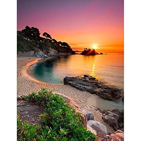 LVIITIS DIY 5D Diamond Painting by Number Beach Sunrise Kits for Adults Full Round Drill（16x12inch）,Embroidery Pictures Arts Craft for Home Wall Decor，5D Painting Dots Kits Landscape Cover