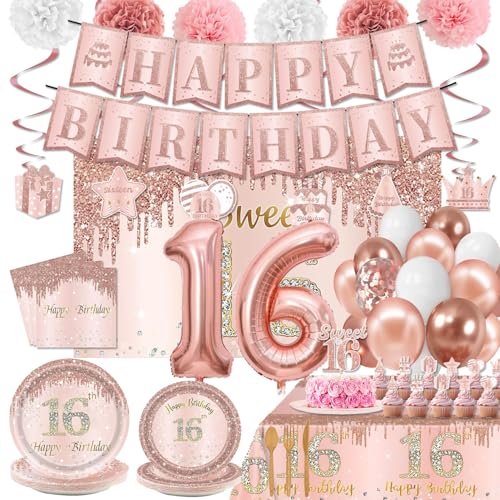 Sweet 16 Party Decorations - Sweet 16 Plates and Napkins, Banner, Backdrop, Cake Topper, Tablecloth for 16th Birthday Decorations for Girls Sweet 16 Decorations