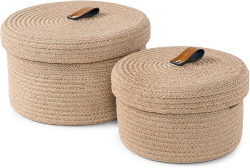 Image of AuraNest Cottan Box round mini rope storage jute woven Shelf basket hamper baby nursery tray bucket organizer gifts set of 2 for kids toys,fruits,living room,bathroom,kitchen,office (Brown)