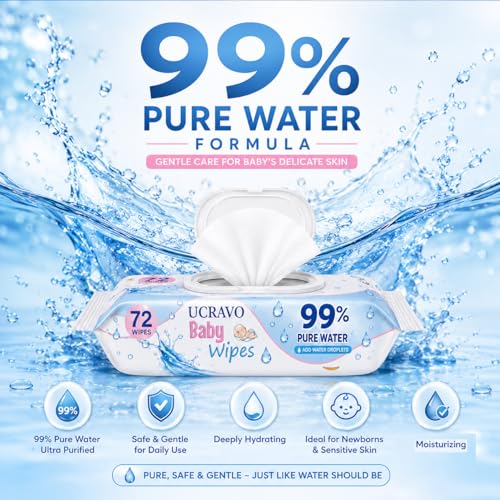 Image of UCRAVO Pack of 6 Soft Baby Wipes Water Based Formula 432 Pulls Pure Water Wet Tissue for Sensitive Skin Care Alcohol Free Paraben Free Moisturizing Cleansing Wipes with Fresh Lock Lid (72 Each Set)