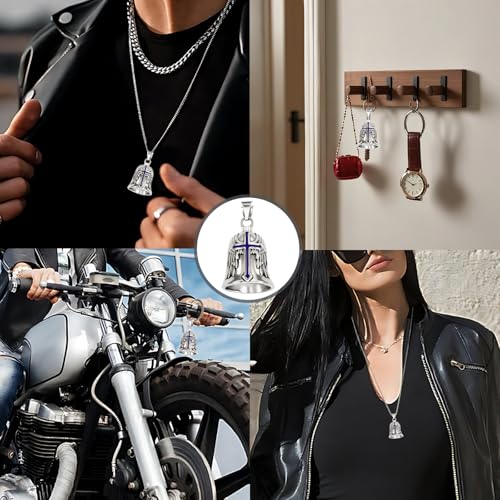 Guardian Bell Biker Bell, Motorrad Glocke Schutzengel Schlüsselanhänger, Glöckchen Motorrad Glücksbringer, Motorradglocke mit Halskette, Schutzglocke für Segne Den Frieden Motorrad-Zubehör (Kreuz)