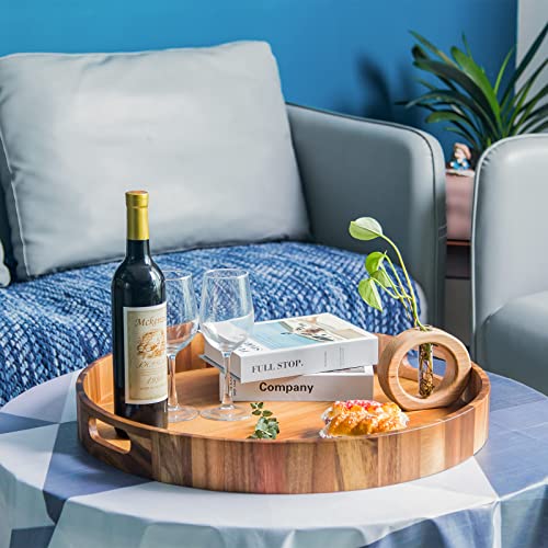 Ginsent 22 Inches Extra Large Round Serving Tray With Handles,Oversized Wooden Decorative Ottoman Tray For Living Room,Leakproof Bed Tray For Breakfast Coffee Tea(Acacia) #TOP1