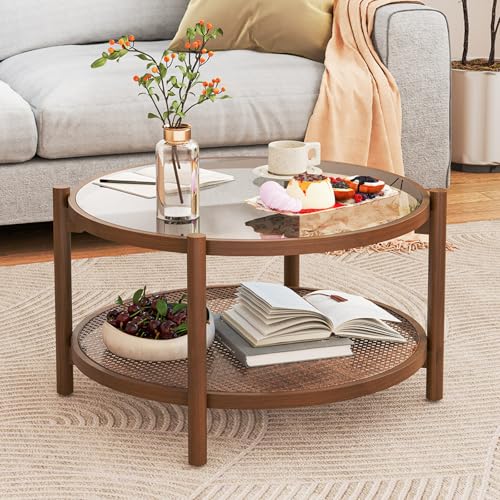 Giantex Rattan Coffee Table, Boho Round Glass Tea Table with PE Rattan Storage Shelf & Wood Frame, 2 Tier Accent Center Table for Living Room, Apartment, Small Space
