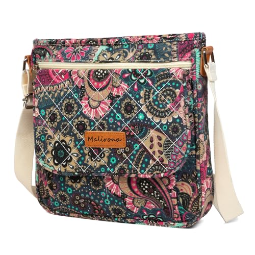 Malirona Women 's Durable Floral Crossbody Bag Canvas Messenger Handbag Multi Pocket Travel Satchel Purse (Rose Red)