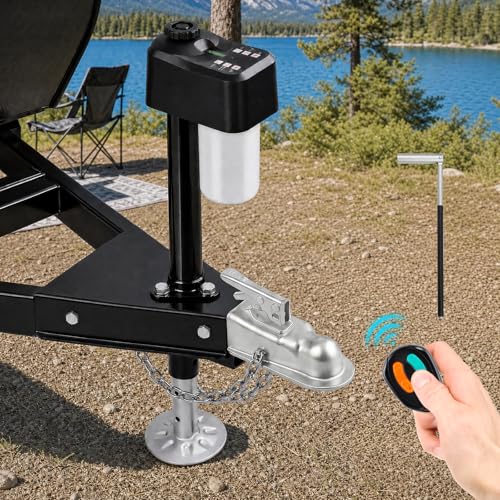 Image of 5500LBS Electric Trailer Jack with 2pcs Remote Control, IP65 Waterproof RV A-Frame Tongue Jack with Built-in Spirit Level for RVs & Travel Trailers, 9.8-31.5 inch Extended with Manual Crank Handle