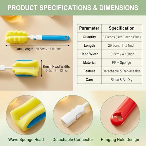 Image of 3PCS Replaceable Cleaning Bottle Sponge Brush Sponge Cup Brush Set with 3 Replacement Brush Head Portable Long Handle Water Bottle Cleaner Brush for Water Bottle Glasse Bottle Mugs Cup (Color Random)
