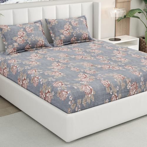 Image of Rivermoor 200 TC Ultrasoft Bed Sheet Double Bed | Queen Size Bed Sheet with 2 Pillow Covers | Elastic Fitted Bedsheet | Grey Floral Print | 72 x 78 x 10 Inches | Soft, Breathable & Easy Care