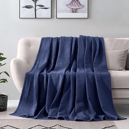 Image of Elegant Comfort Premium 100% Cotton Waffle Blanket - Lightweight Breathable Waffle Weave Bed Blanket - Soft and Warm All Season Blanket for Couch, Sofa and Bed, Twin Size 68x88 Inches, Navy Blue